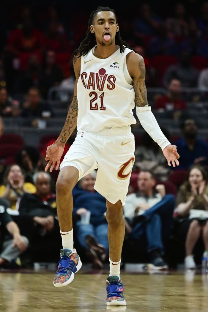 Oct 12, 2023; Cleveland, Ohio, USA; Cleveland Cavaliers forward Emoni Bates (21) celebrates after hitting a three point basket during the second half against the Orlando Magic at Rocket Mortgage FieldHouse.